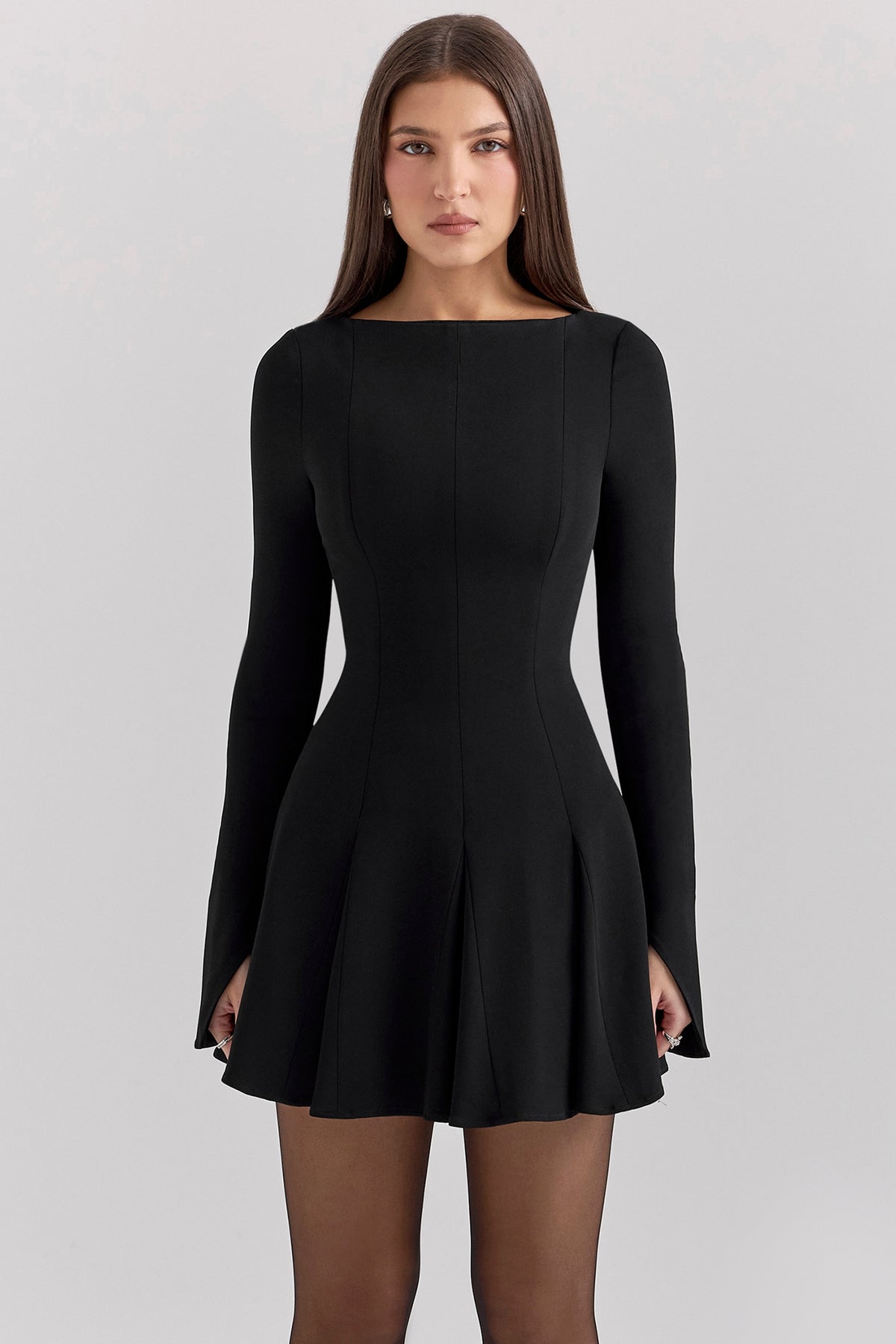 Francesca-Black Stretch Crepe Godet Mini Dress