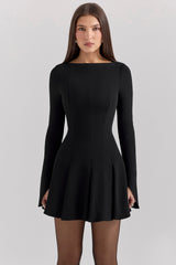 Francesca-Black Stretch Crepe Godet Mini Dress