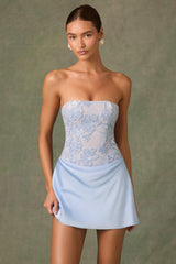 Eden-Embellished Draped Strapless A-Line Mini Dress in Sky Blue