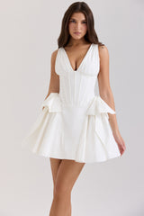 Amalia-White Stretch Cotton Bow Mini Dress