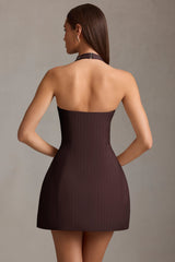 Odessa-Pinstripe Halterneck Structured A-Line Mini Dress in Chocolate Brown