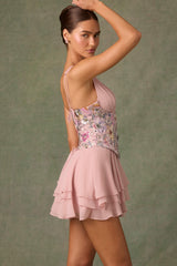 Sakura-Embellished Ruffled Corset Mini Dress in Floral Pink