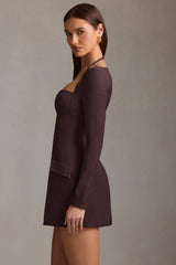 Ksenia-Pinstripe Structured A-Line Mini Dress in Chocolate Brown