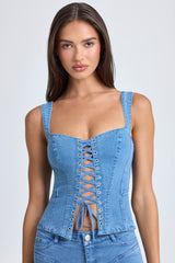 Danna-Lace-Up Corset Top in Mid Blue Stonewash