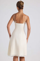Isadora-Bow-Detail Pleated A-Line Midi Dress in Ivory