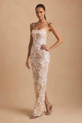 Tavira-Embellished Scoop-Neck Backless Maxi Dress in Ivory