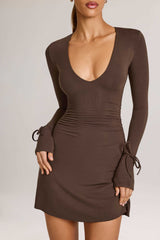 Iskra-Modal Long-Sleeve A-Line Mini Dress in Chocolate Brown