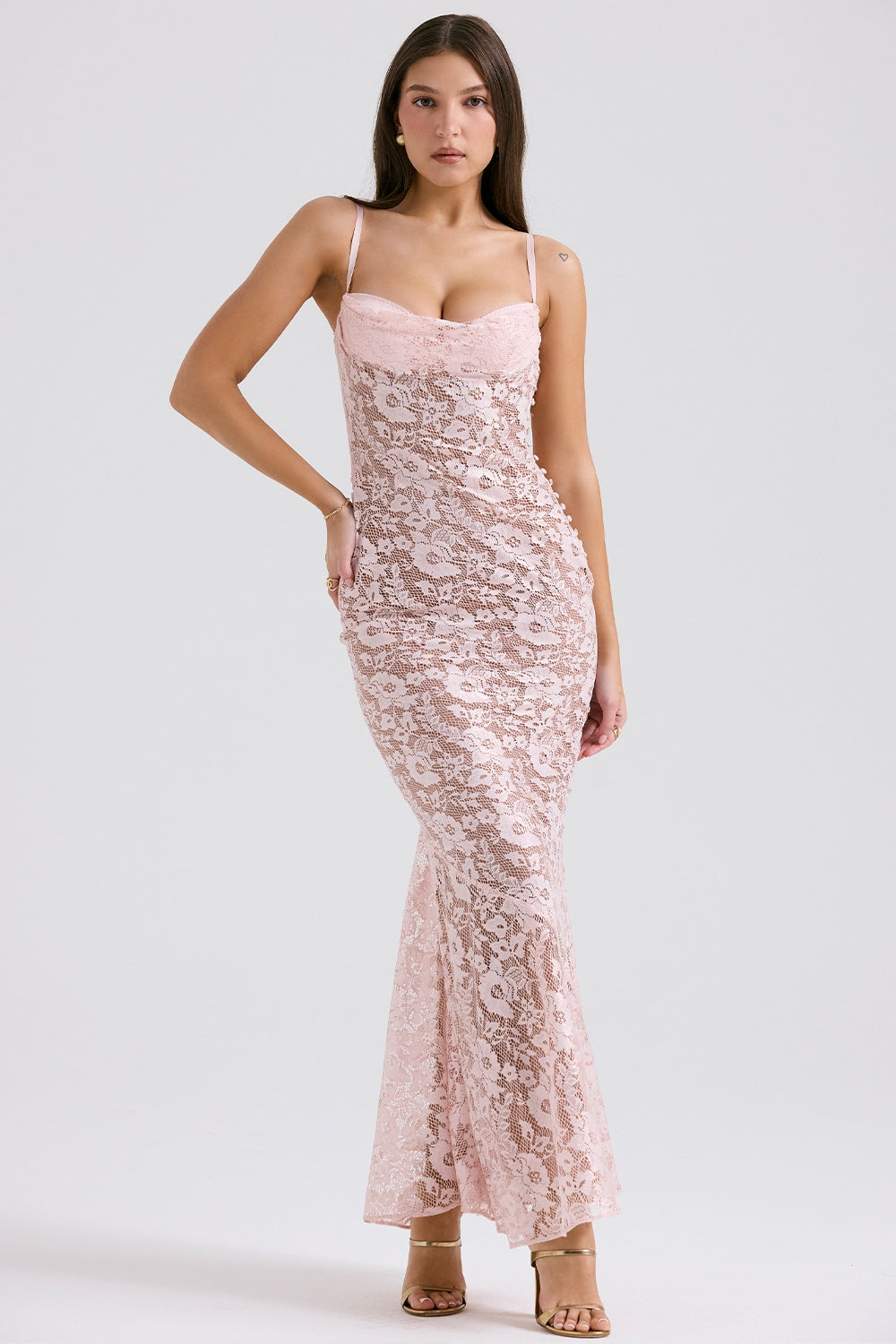 Azzurra-Rose Pink Lace Godet Gown