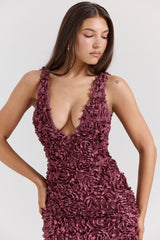 Carena-Merlot Plunge Floral Appliqué Maxi Dress