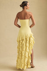 Diletta-Ruffle-Trim Strapless Gown in Pastel Yellow
