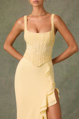 Robina-Embellished Ruffle-Trim Corset Gown in Yellow