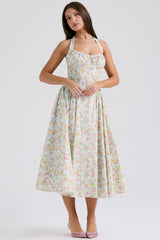 Adabella-Pale Blue Meadow Print Cotton Halter Sundress