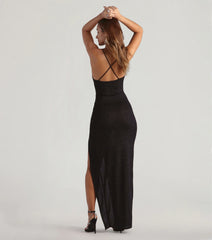 Amirah Formal Glitter Cowl Neck Column Dress-BLACK
