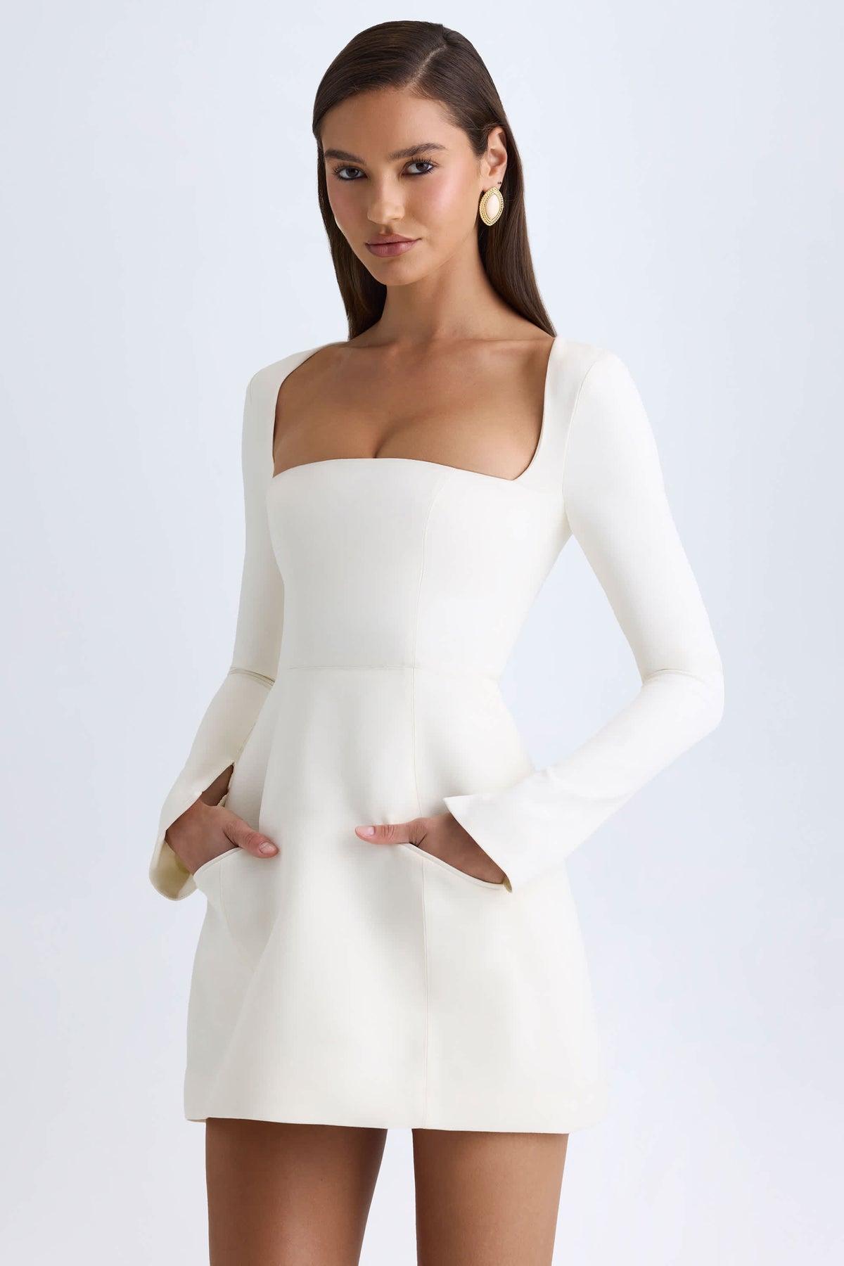 Taesha-Square-Neck Structured Tulip Mini Dress in Vanilla
