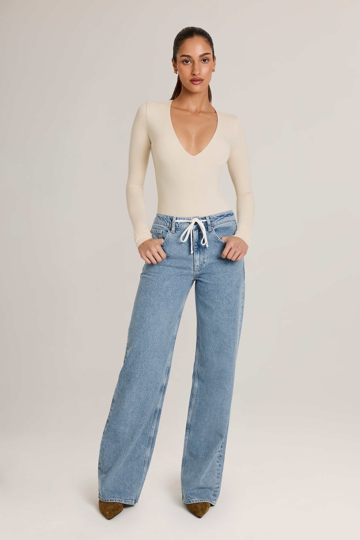 Faedra-Drawstring Straight-Leg Jeans in Light Wash