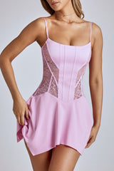 Anniken-Lace Handkerchief Hem Mini Dress in Baby Pink