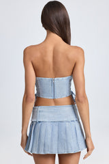 Devora-Belted Pleated Low-Rise Micro Mini Skirt in Light Blue Stonewash