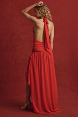 Oliana-Asymmetric Halterneck Maxi Dress in Chilli Red