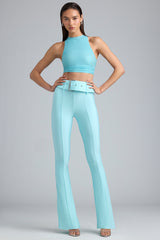 Gia-Tall Metallic Belted Mid-Rise Flared Trousers in Ice Blue