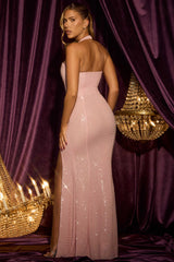 Sansel-Embellished Halterneck Gown in Lavender Pink