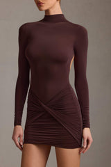 Isolde-Ruched Backless Turtleneck Mini Dress in Chocolate Brown