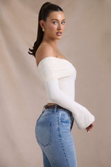 Pavni-Modal-Cashmere Blend Off-Shoulder Ruched Top in Ivory