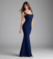 Morgana Lace-Up Ruched Mermaid Dress-NAVY
