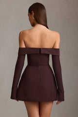 Seraphina-Off-Shoulder Structured A-Line Mini Dress in Chocolate Brown