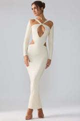 Tindra-Premium Jersey Long Sleeve Cut Out Maxi Dress in Ivory