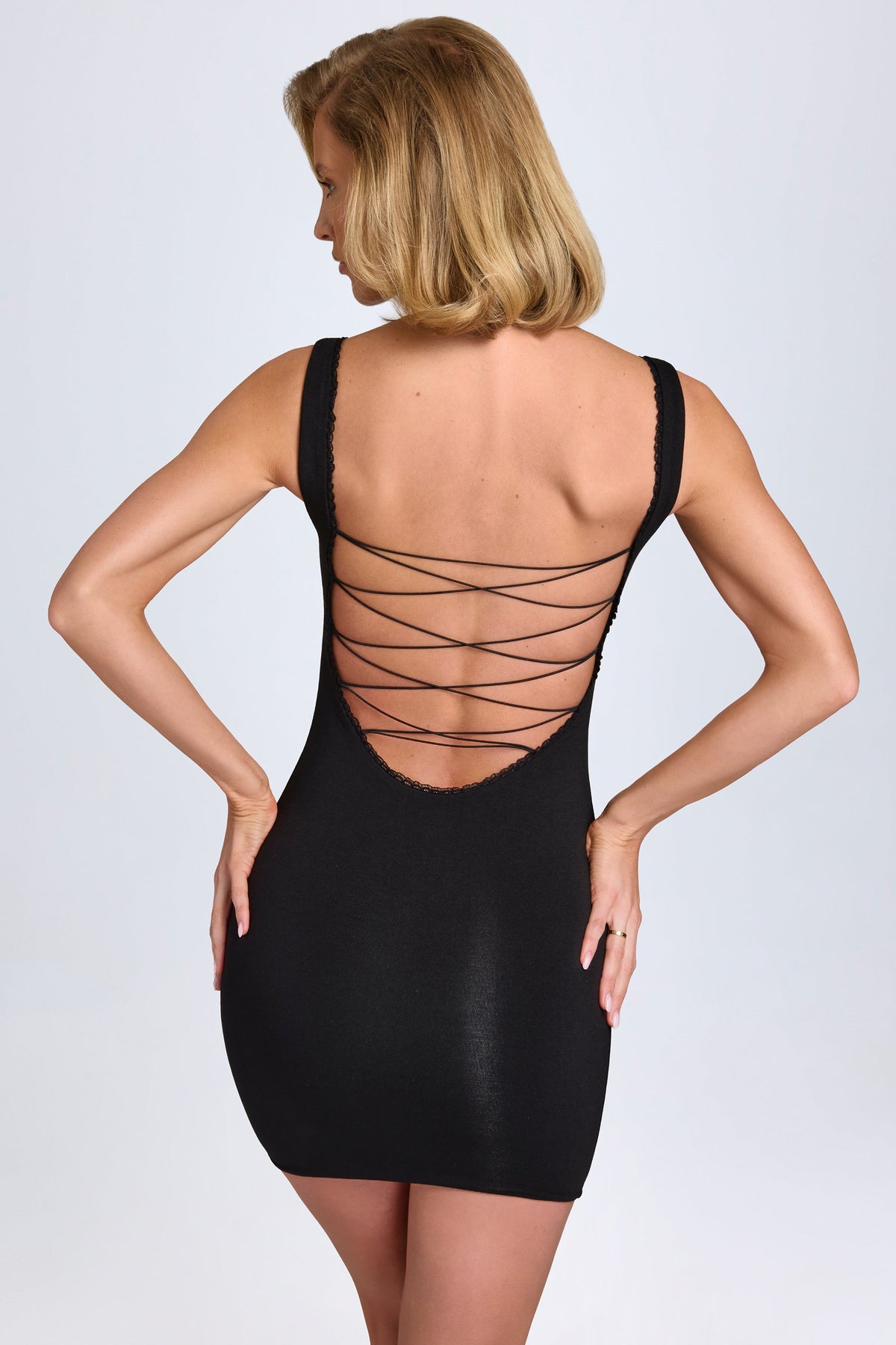 Aoife-Modal Lace-Trim Bodycon Mini Dress in Black