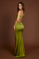 Vittoria-Scoop-Neck Lace-up Back Maxi Dress in Olive Green