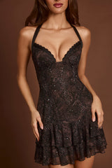 Costanza-Embellished Halterneck A-line Mini Dress in Snake Hotfix