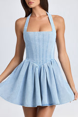 Darcey-Halterneck Corset Micro Mini Dress in Light Blue Stonewash