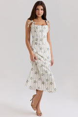 Dionne-Cream Daisy Print Stretch Cotton Midi Dress