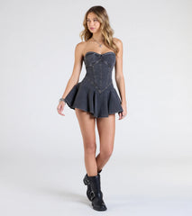 Uniquely Darling Strapless Pleat Skater Denim Mini Dress-BLACK DENIM