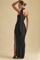 Sheril-Asymmetric Scarf-Detail Maxi Dress in Black
