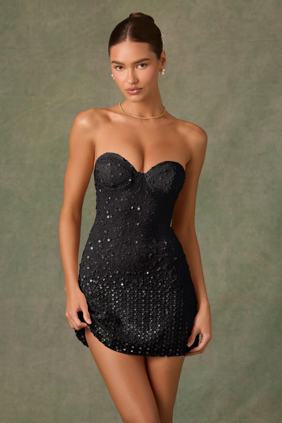 Viela-Embellished Sweetheart-Neck A-Line Mini Dress in Black