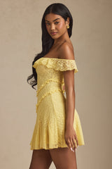 Nahida-Off-Shoulder Lace A-Line Mini Dress in Pastel Yellow