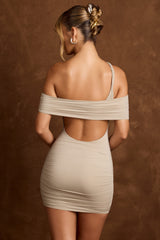 Vondra-Off-Shoulder Draped Mini Dress in Taupe