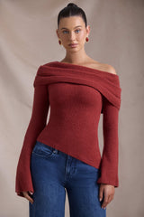 Cecily-Ribbed-Knit Asymmetric Off-Shoulder Jumper in Brick Red