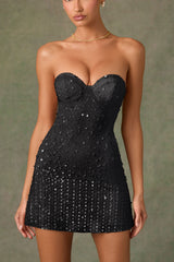 Viela-Embellished Sweetheart-Neck A-Line Mini Dress in Black