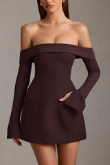 Seraphina-Off-Shoulder Structured A-Line Mini Dress in Chocolate Brown