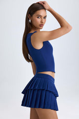 Nada-Layered Pleated Low-Rise Mini Skirt in True Navy