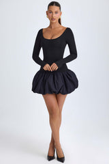Delphi-Scoop-Neck Drop-Waist Bubble Hem Mini Dress in Black