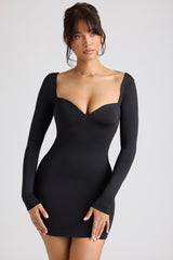 Demelza-Long Sleeve Sweetheart Neckline Mini Dress in Black
