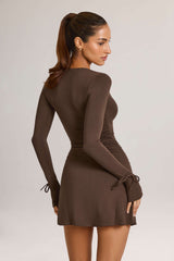 Iskra-Modal Long-Sleeve A-Line Mini Dress in Chocolate Brown