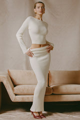 Edalene-Ribbed-Knit Foldover Maxi Skirt in Ivory
