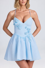 Augusta-Halterneck Floral-Appliqué Corset Mini Dress in Powder Blue