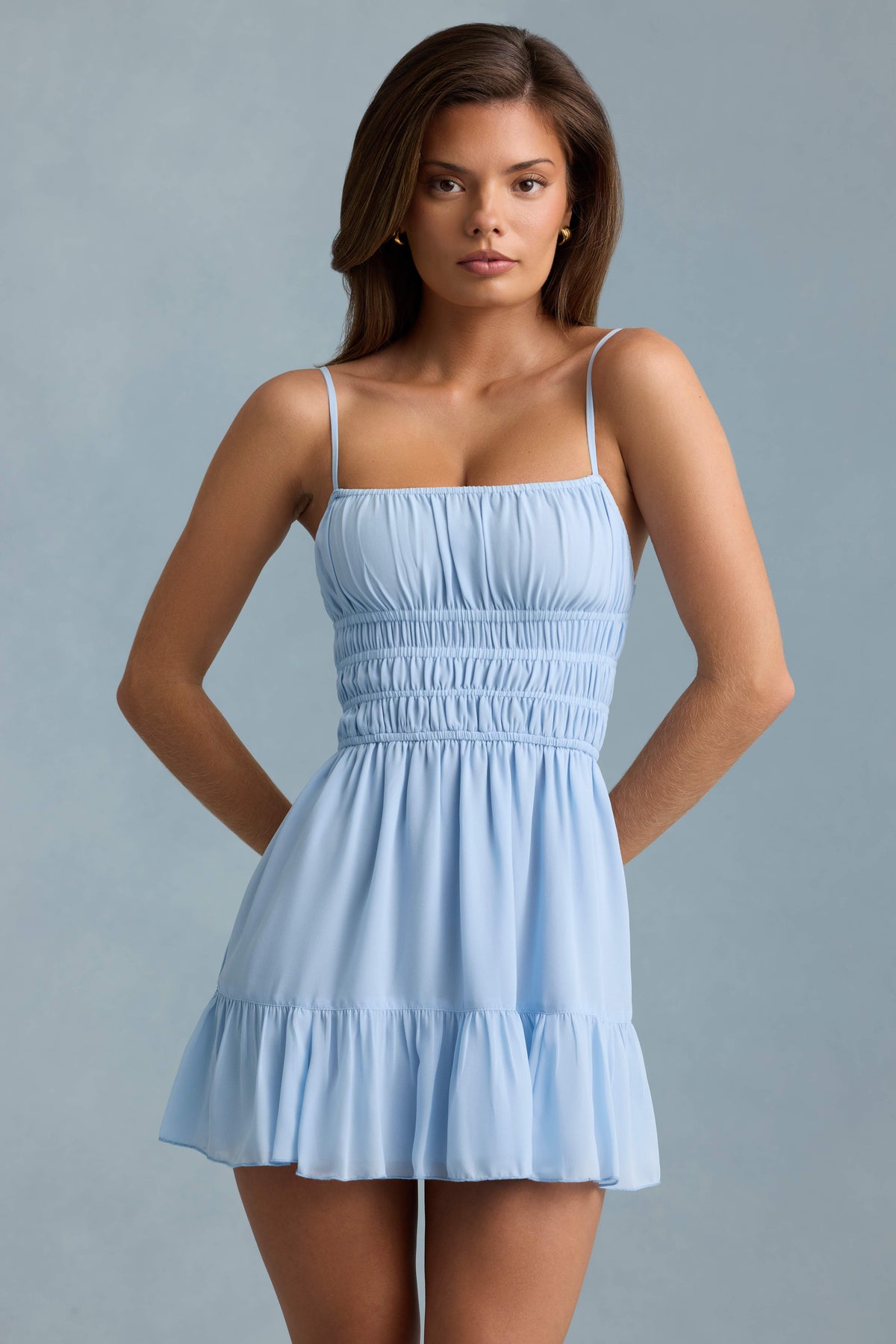 Tessara-Shirred Camisole Mini Dress in Sky Blue
