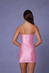 Yesenia-Ruched Bandeau Mini Dress in Soft Pink